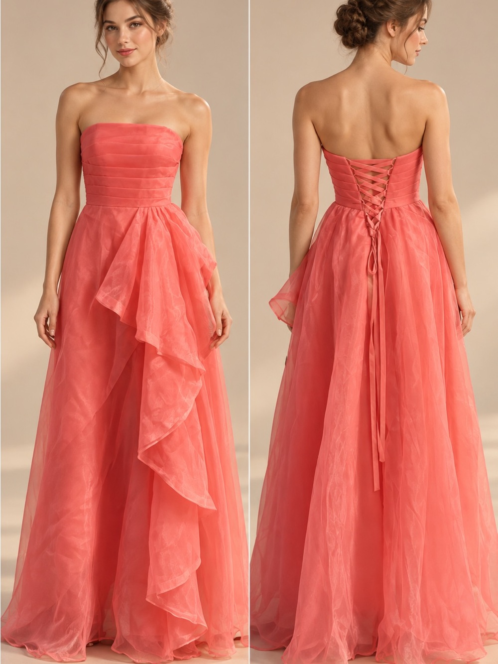 Strapless Coral-Pink Lace-Up Evening Gown